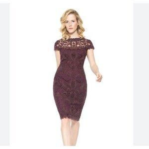 Tadashi Shoji Tulle Cap Sleeve Dress Sheath Purple Corded Embroidery NWT Size